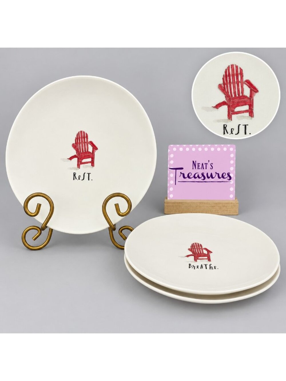 Rae Dunn Magenta SIT AND RELAX Red Beach Chairs Word Melamine Salad Plate Set 3